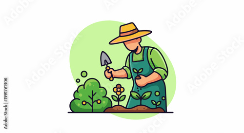 A gardener plants seedlings in a vibrant, stylized garden scene