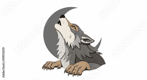 A grey wolf howls at a crescent moon, its forepaws visible