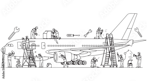 Airplane maintenance and repair vector illustration with tiny mechanics working on a jet engine and fuselage