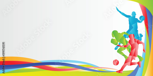 Sport Backgrounds with Multiple Dynamic Active Athlete and Colorful Rainbow Vibrant Background