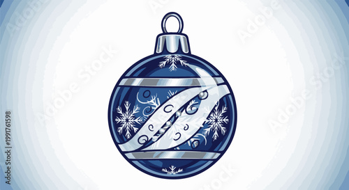 A decorative blue glass ornament with snowflake and swirl designs