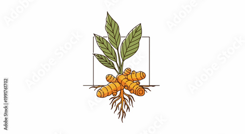 A detailed illustration of a turmeric plant with vibrant orange roots and green leaves