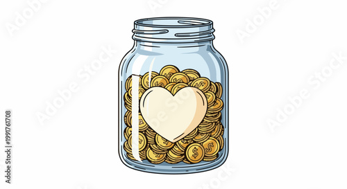 A glass jar filled with golden coins, featuring a heart shape in the center