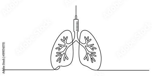 Continuous line drawing of human lungs with a medical syringe for vaccination and respiratory health