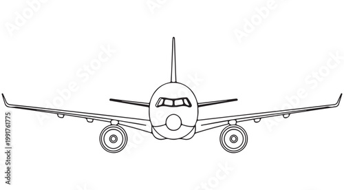 Front view of a commercial airplane line art illustration for coloring book or aviation design
