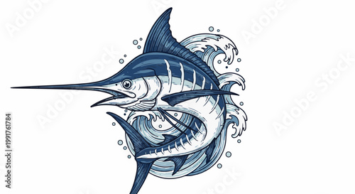A dynamic, stylized illustration depicts a marlin leaping through stylized waves with a vibrant blue and white color scheme