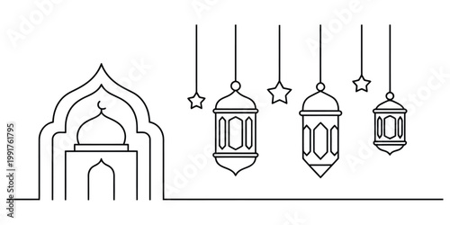 Minimalist one line drawing of a mosque dome with hanging ramadan lanterns and stars.
