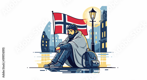 A dejected man sits outside under a street lamp, a Norwegian flag behind him