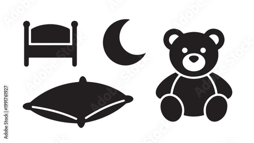 Black Silhouette Of Teddy Bear Sitting Next To Bed And Pillow Under Crescent Moon For Kids Bedroom Decor Concepts