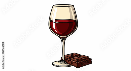 A glass of red wine stands next to a dark chocolate bar with visible segments