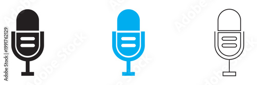 Microphone icon with sound waves, audio recording symbol, voice input and sound transmission sign, podcast and music mic icon, speech recording device, broadcast media symbol, vector illustration set