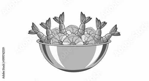 A gleaming metal bowl overflows with peeled shrimp, their tails fanned outward