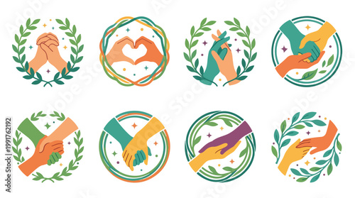 Collection of eight eco-friendly and sustainable lifestyle icons representing nature conservation and environmental
