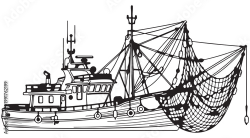 Fishing trawler boat with large net vector illustration for nautical maritime industry and seafood branding