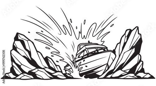 Motorboat crashing into sharp rocks with a large water splash vector illustration for nautical adventure or risk concept