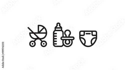 Baby Care Essentials Icons Set Including Stroller, Bottle, and Diaper for Parenting Concepts