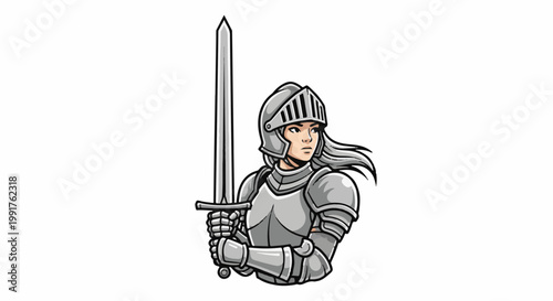 A female knight in full armor holds a sword and looks to the right