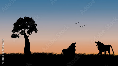 Baboons fighting on safari, flat vector illustration