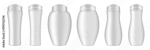Set of white cosmetic bottles for lotion or body milk. Cream, shampoo, shower gel or body lotion