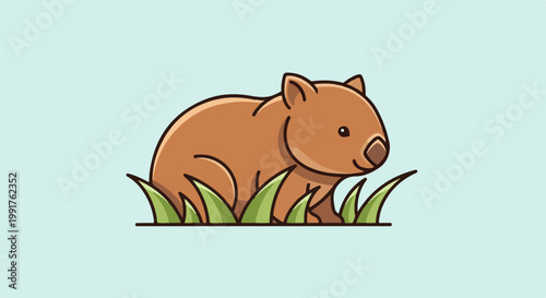 A cute, cartoonish brown wombat sits peacefully among green grass blades against a pale blue sky