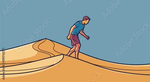 A person walking on a sandy dune under a clear sky