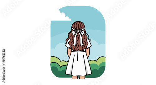 A person wearing a white dress with a bow in their brown hair stands facing away in a scenic outdoor setting