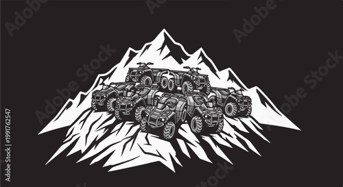 A group of all-terrain vehicles clustered on a stylized mountain peak