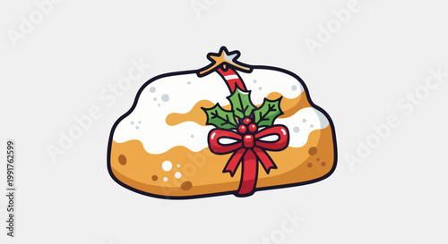 A festive baked loaf adorned with a bright red bow, holly, and a starry topper