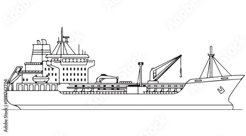 Cargo ship line art illustration for coloring page or maritime industry technical drawing