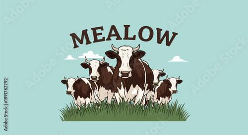 A group of brown and white cows stands in green grass under a light blue sky with clouds