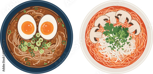 Delicious Ramen and Noodles Bowls with Eggs and Mushrooms Vector Set for Food and Cuisine Illustrations