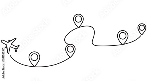 Airplane flying along a curved path with location pin markers representing a travel route vector illustration
