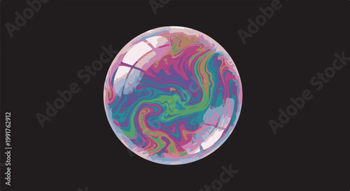 A colorful, marbled sphere with light reflections, isolated on a dark background