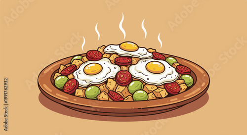 A colorful platter of breakfast hash with fried eggs, sausage, and olives