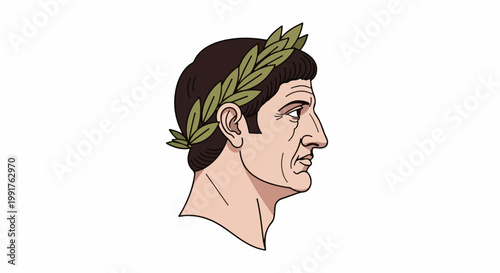 A profile portrait of a man with dark hair and a laurel wreath on his head