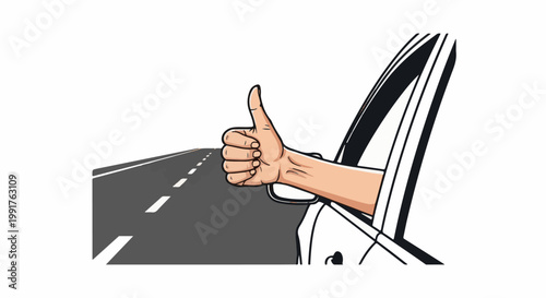 A hand with a thumbs-up gesture emerges from a car window onto a road