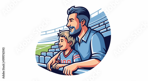 A man and boy in athletic attire watch a game from stadium seats, smiling