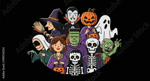 A group of classic Halloween characters, including witches, vampires, and monsters, are gathered together