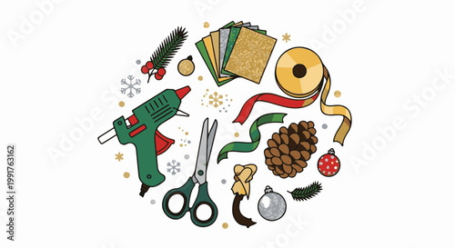 A festive collection of crafting supplies, including a glue gun, scissors, ribbons, pinecone, and ornaments