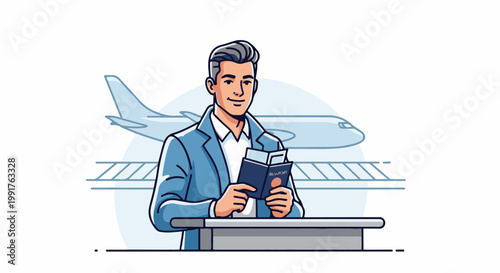 A man in a blue suit holds a passport at a counter, with an airplane on a runway behind him