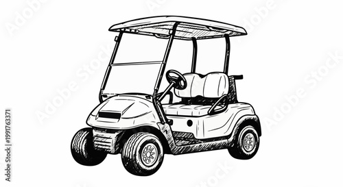 A hand-drawn sketch of a golf cart with two seats and a canopy