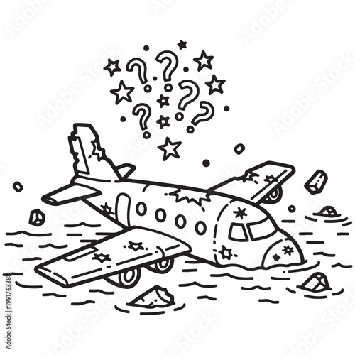 Crashed Airplane Sinking in Water with Question Marks Vector Line Art Illustration for Mystery and Investigation