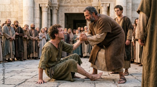 Apostle Peter helping a lame man to stand up. Biblical scene from the book of Acts where an apostle heals a crippled beggar in Jerusalem. Faith and miracle in religious history.
