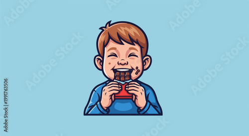 A happy boy with chocolate smudges eats a chocolate bar with delight