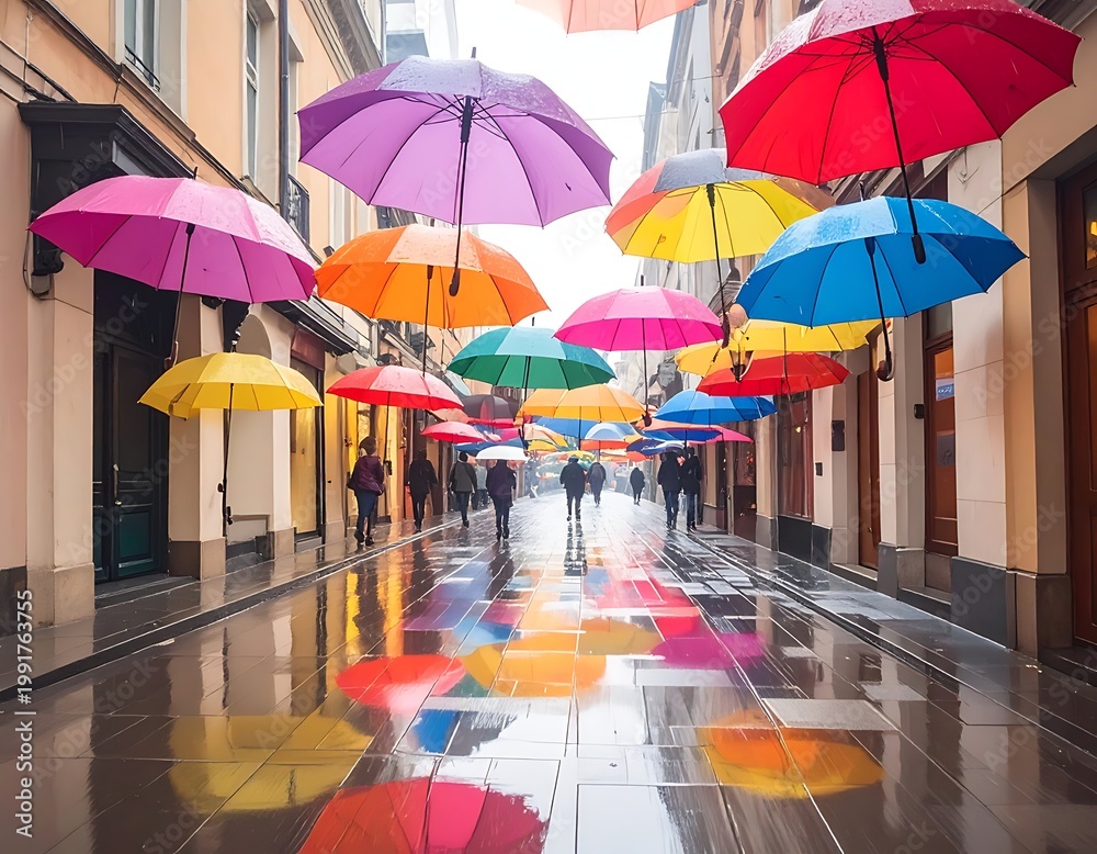 Obraz premium A vibrant alleyway with colorful umbrellas and reflective wet pavement