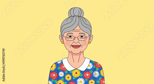 Friendly elderly woman portrait with floral shirt.