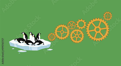 A group of penguins stand on an iceberg, with a series of gears extending to the right