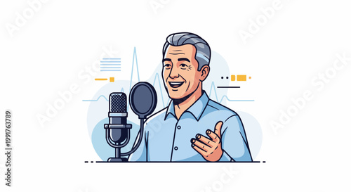 A man with grey hair speaks into a microphone with soundwaves in the background