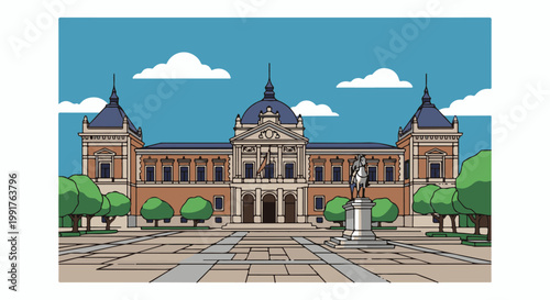 A grand, classically inspired building with domed roofs, a central pediment, and an equestrian statue before it