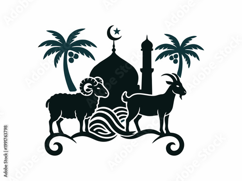 Eid Al-Adha Islamic Celebration Icon with Mosque, Ram, and Goat